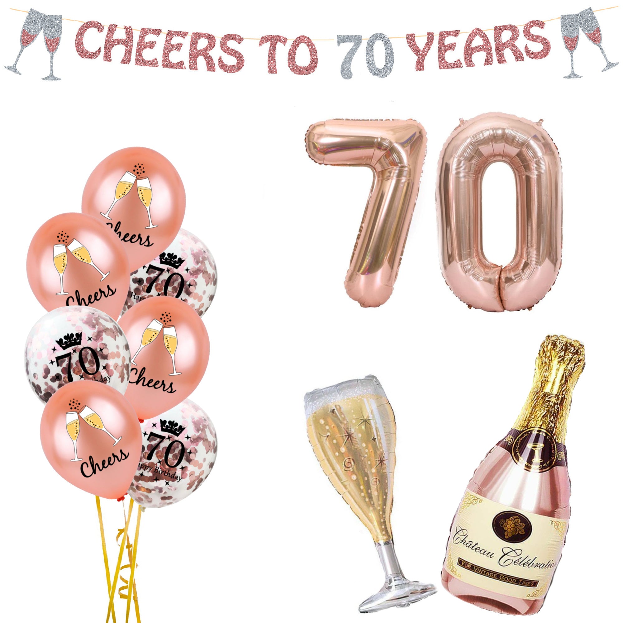 70th Birthday Decorations for Her, 70th Balloons and Banner - Party Ideaz